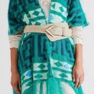 Free People Diamondback Cozy Kimono poncho in green and blue.